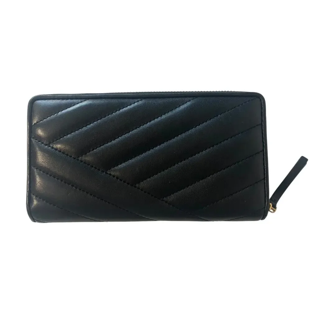 Tory Burch Kira Chevron Quilted Leather Zip Continental Wallet Black Gold